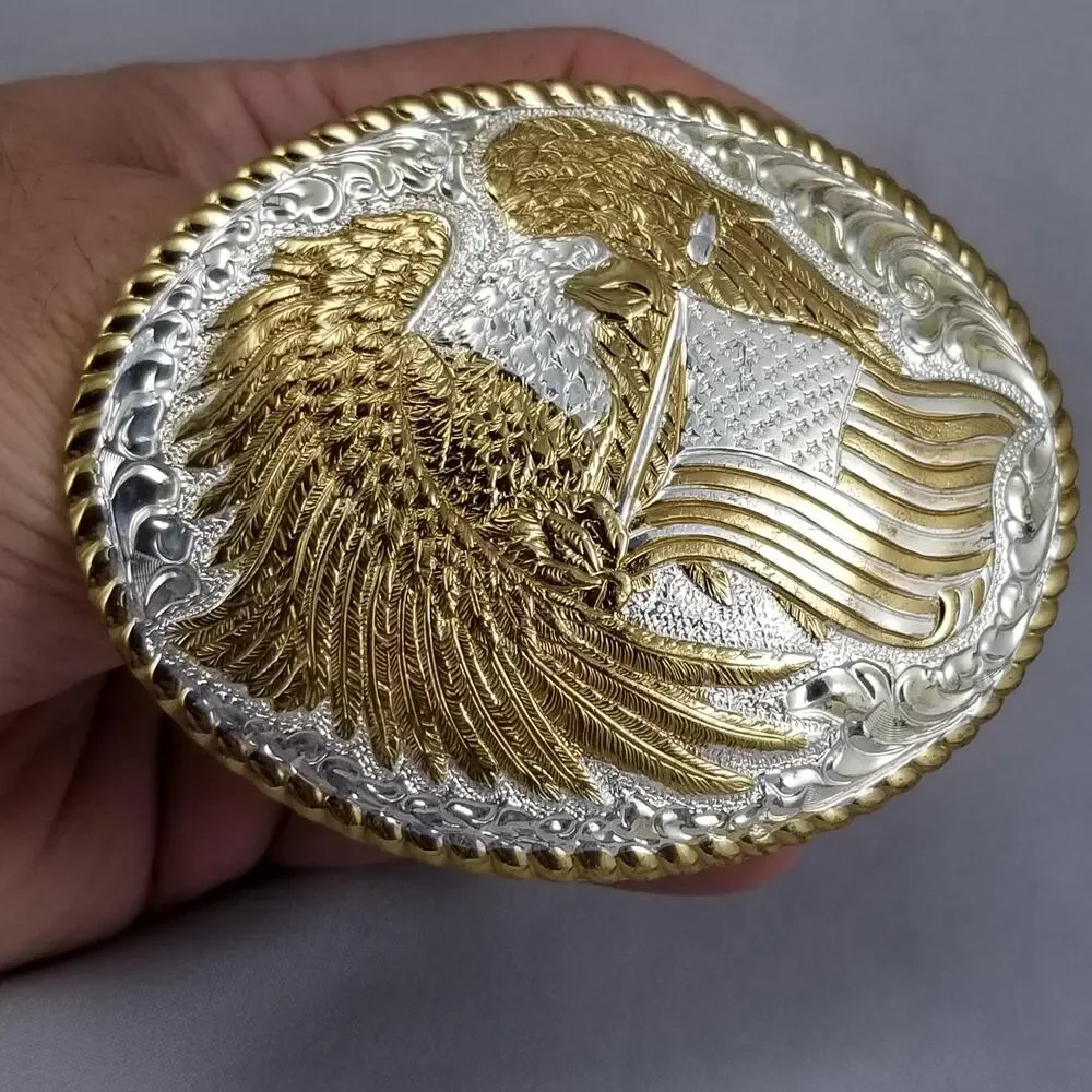 Crumrine Silver Electroplate on Jewelers Bronze Eagle American Flag Belt‎ Buckle